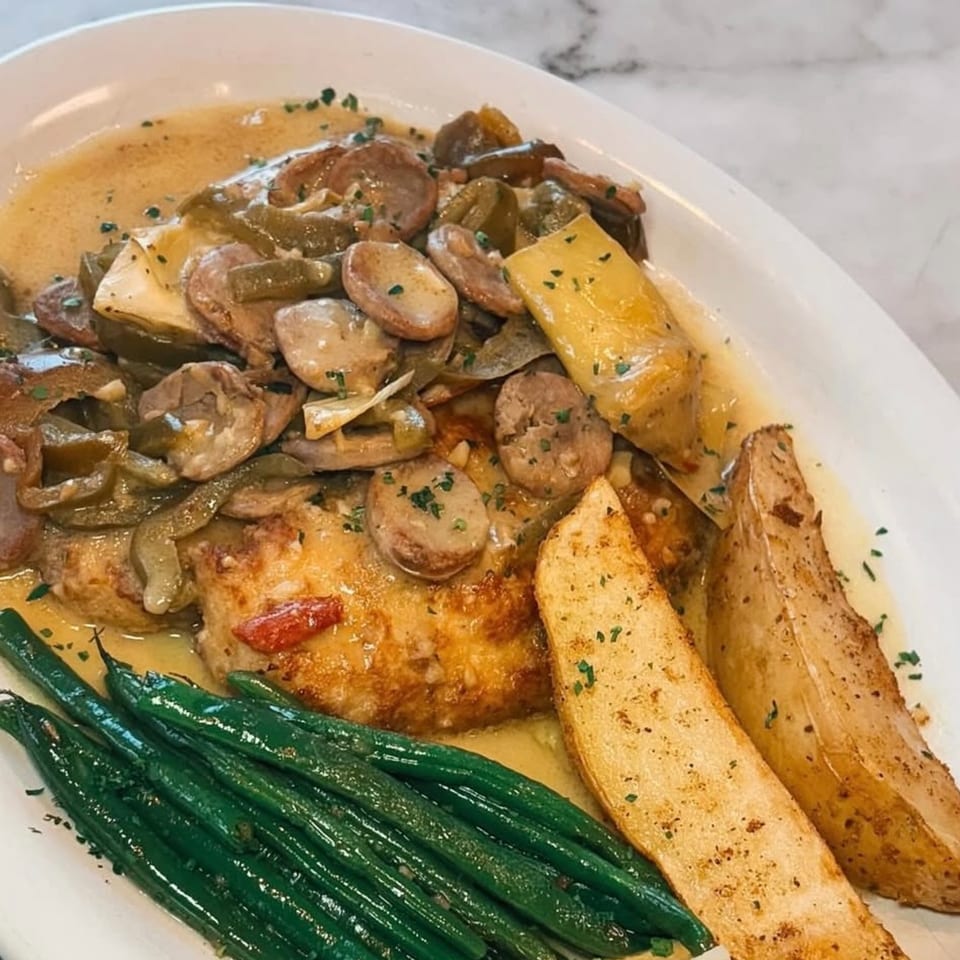 Italian dish with chicken, mushrooms, peppers, green beans, and potato wedges in a creamy sauce.