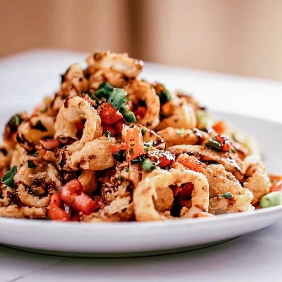 Crispy fried calamari with diced tomatoes, green onions, and a balsamic glaze on a white plate.